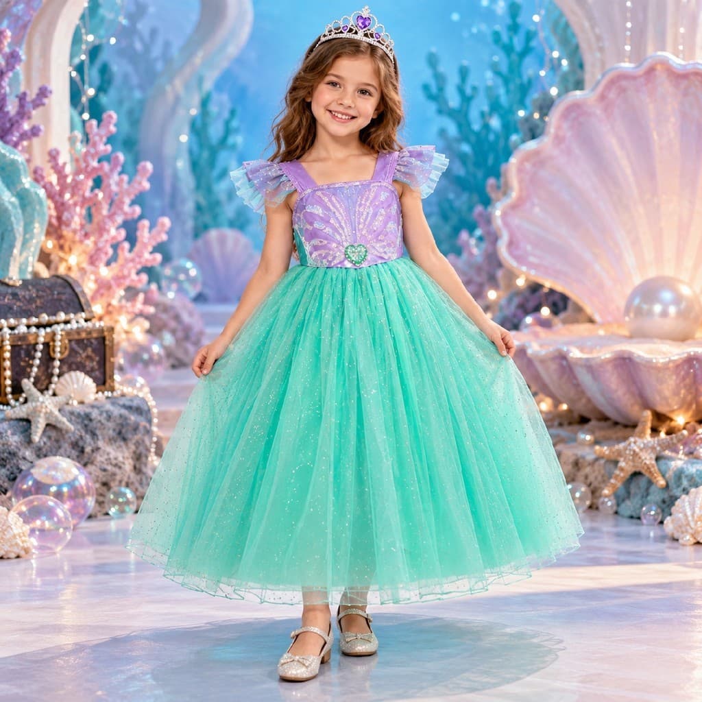 Fantasia Infantil Sereia Ariel Vestido Princesa Com Coroa Menina Festa Aniversário Cosplay