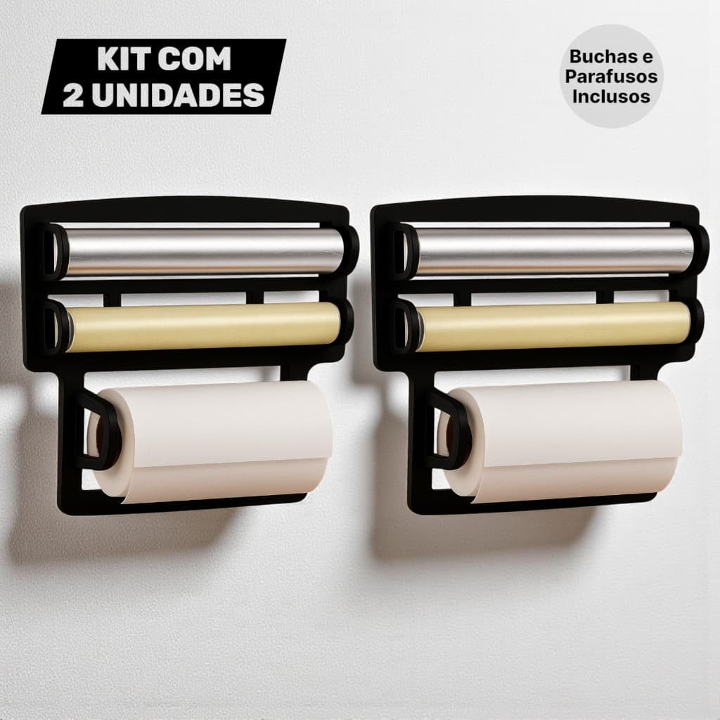 Kit 2 Unidades Suporte Organizador 3 em 1 Porta Papel Toalha Filme Alumínio Cozinha