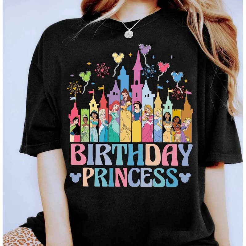 Camiseta Feminina De Algodão, Estilosa E Folgada, Com Estampa Temática De Aniversário Das Princesas E Castelos Da Disney