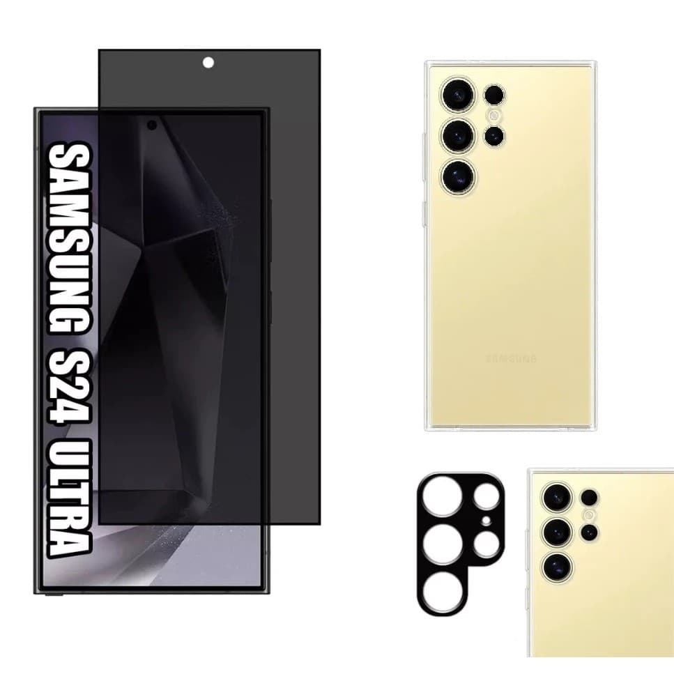 Kit Samsung S24 Ultra – Película de Privacidade 3D + Capa Anti-Impacto + Película da Câmera 3D