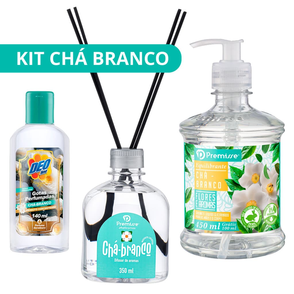 Kit Chá Branco - Gotas Perfumadas + Difusor de Aromas + Sabonete Líquido 450ml - Premisse