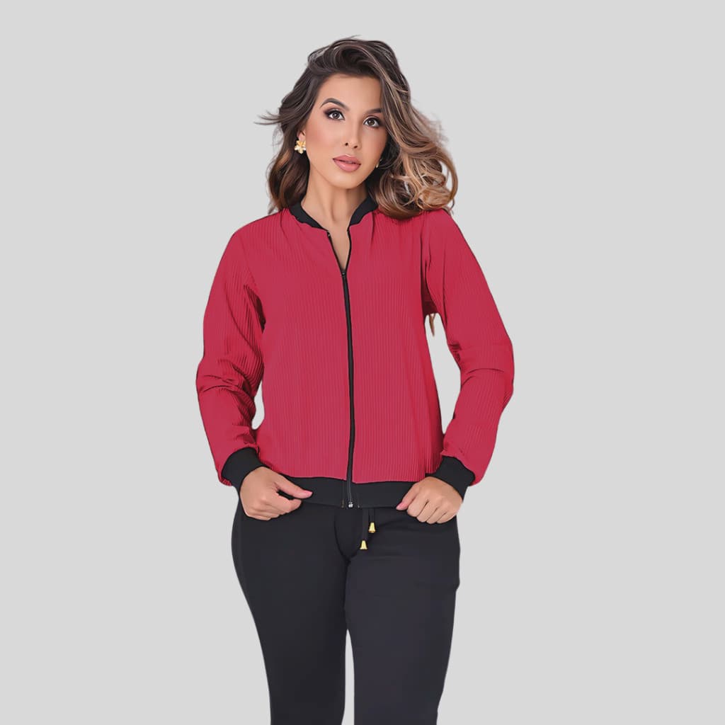 Jaqueta  Bomber Feminina Casual Com Zíper Blusa De Frio Manga Longa Malha Canelada