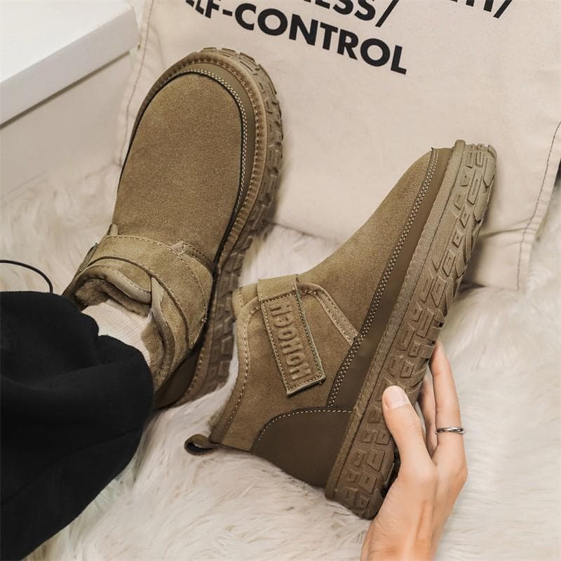 Botas de neve masculinas forro de lã de inverno engrossado Velcro botas de algodão à prova de frio camurça quente pneu s