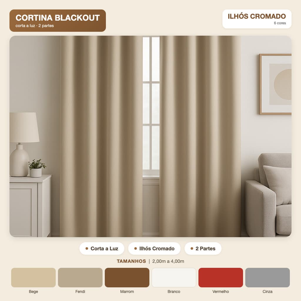 Cortina Blackout para Sala e Quarto Tecido com Ilhós Cromado 2 Partes Corta Luz