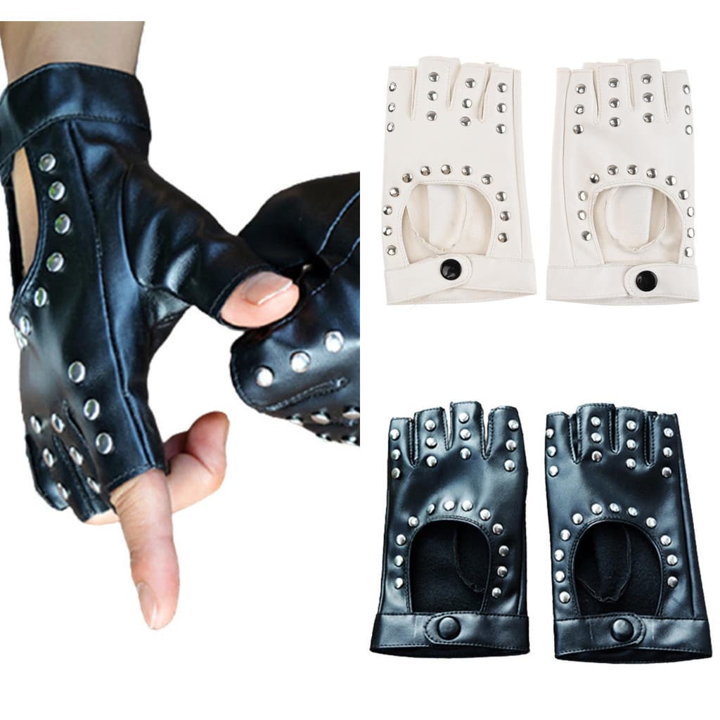 PunkDanceGlovesWithoutFingersWithPins,BlackRivetsCosplayPerformance,JazzComfortableandCoolRidingGloves