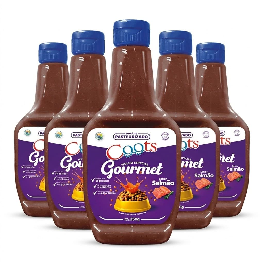 Kit 5 Molho Especial Para Ração Gato 250g Sabor Salmão Cremoso Saboroso Petisco Líquido Caats Tasty
