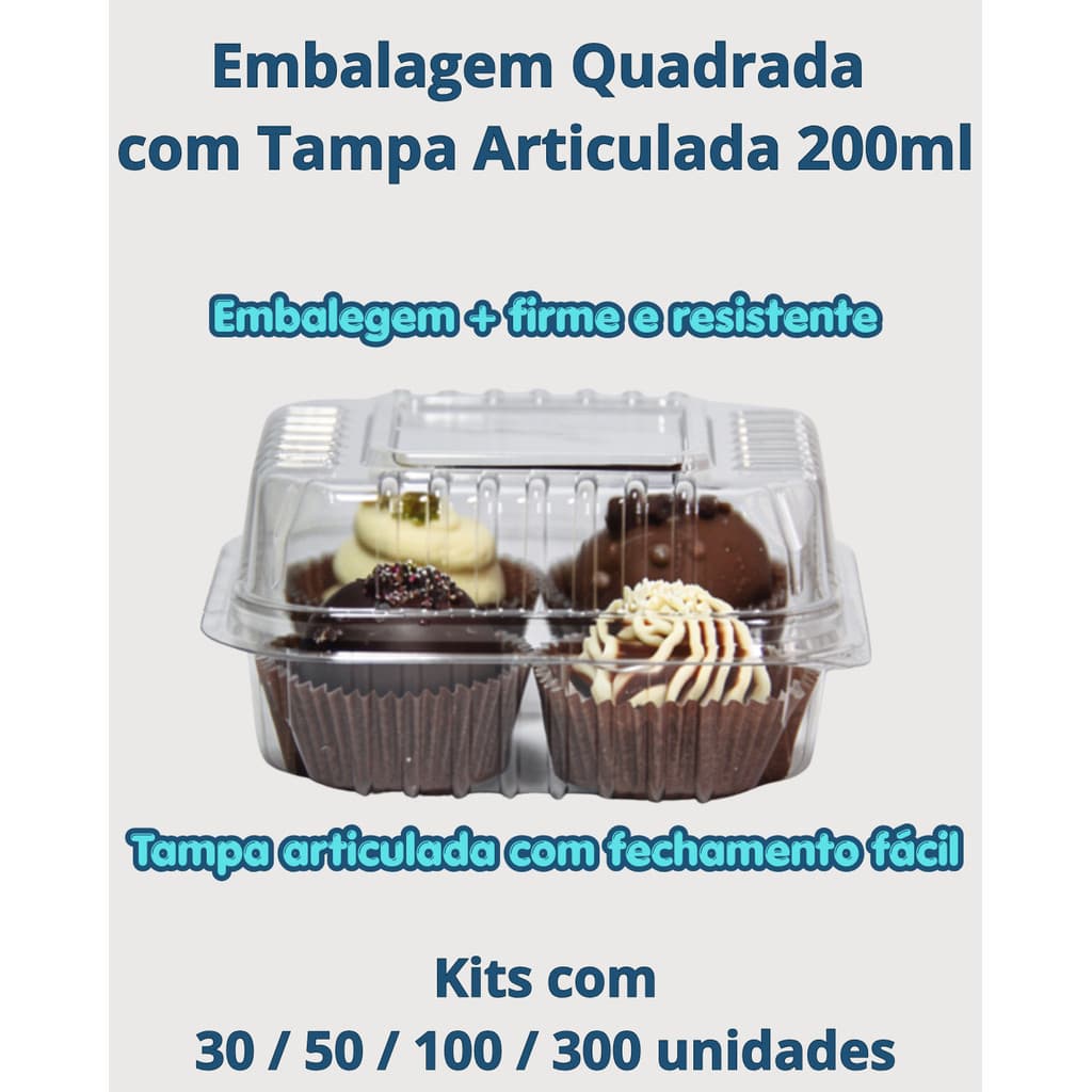Kit 100 uni Embalagem Quadrada Transparente de 200ml e-641 Bolo, Brigadeiro, Doces e Sobremesas