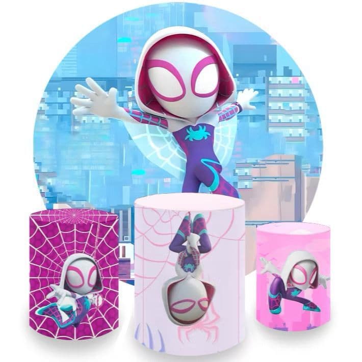 Kit Capas Painel Redondo E Capas De Cilindro Sublimado Decoração Tema Menina Aranha | Envio Já
