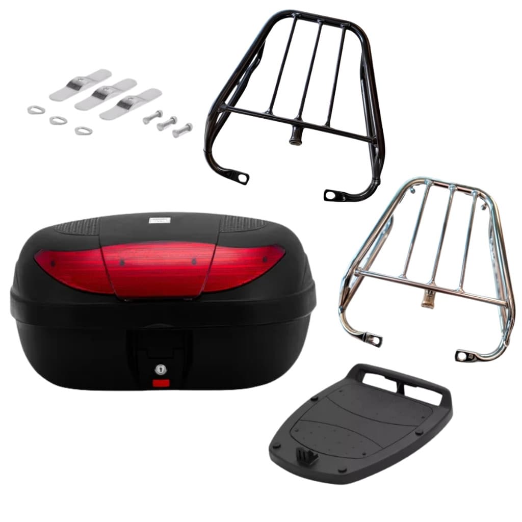 Kit Bagageiro Churrasqueira Ybr + Baú Bauleto 45 Litros 2000 2001 2002 2003 2004 2005 2006 2007 2008 Preto Cromado