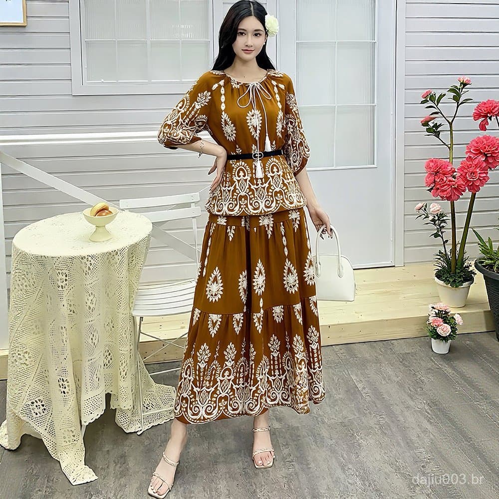 ⭐ ⭐ Conjunto de saia elegante para mulheres, estilo coreano e japonês, com cinto, feito de seda, bambu e algodão, estilo