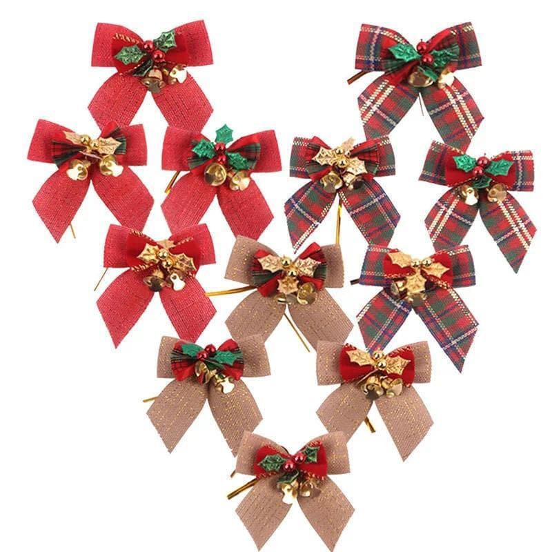 12 peças/pacote sinos fita de linho grosso decoração Mini árvore de natal decoração arco decorações artesanato