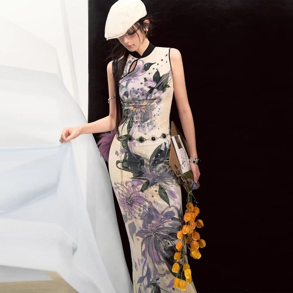 [Novo produto] Novo vestido Cheongsam chinês sem mangas gola alta cintura estreita rabo de peixe vestido longo primavera