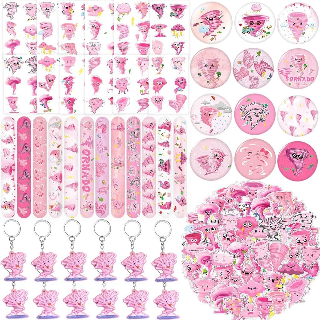 98 Peças de Artigos de Festa Temáticos Tornado Rosa, Decorações de Festa de Aniversário Tornado, Tatuagens Temporárias T