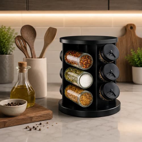 Porta Temperos E Condimentos Giratório 9 Potes Vidro Preto S Preto