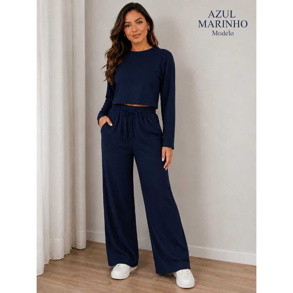 conjunto  feminino canelado  Anarruga  Manga longa  Calça  pantalona  cintura alta  Elegante