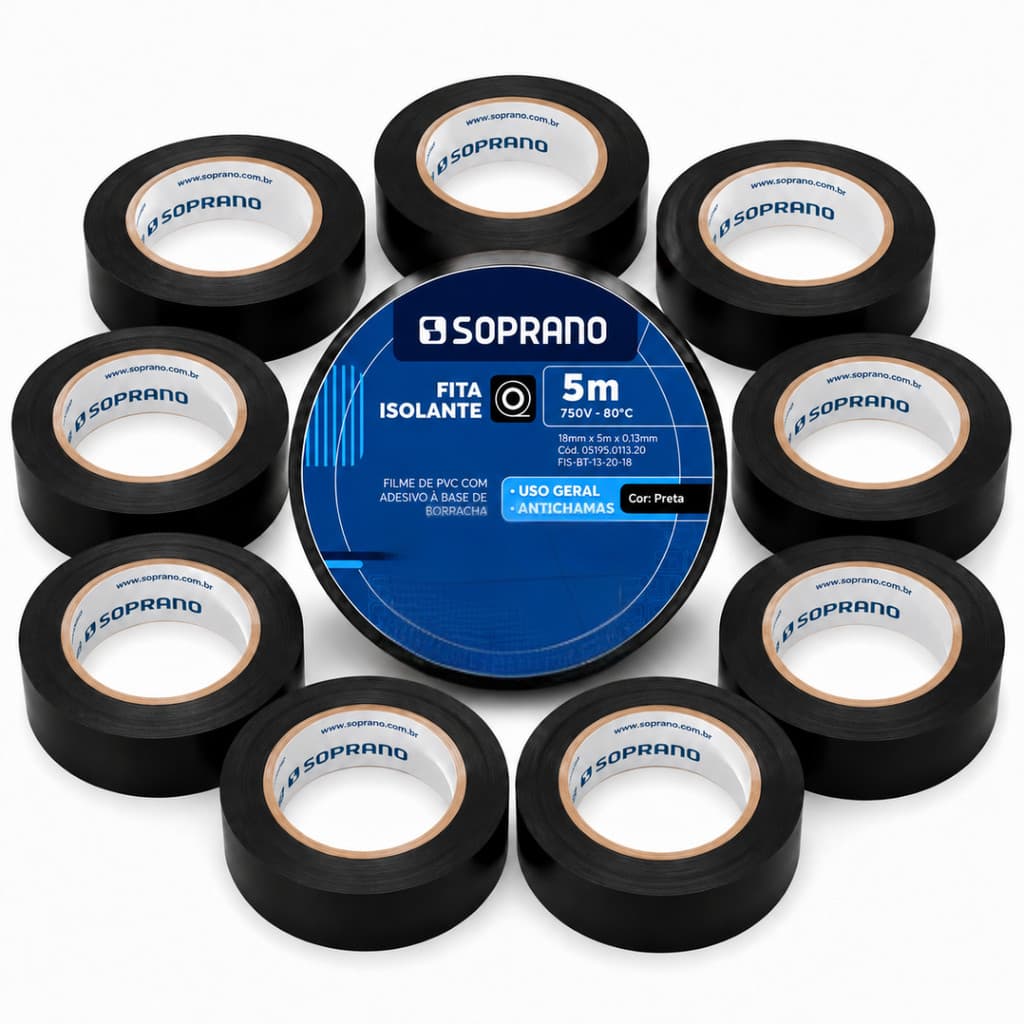 Kit 10 Fitas Isolantes Pretas 5 Metros 18mm - Soprano