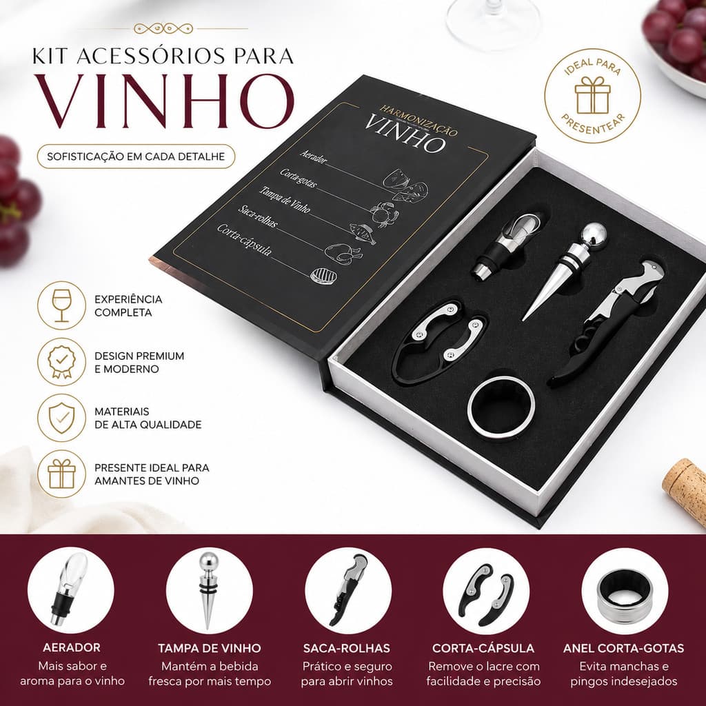 Kit Vinho Luxo Abridor Saca Rolhas Tampa Dosador Livro 05 Peças Livro Decorativo para Presente