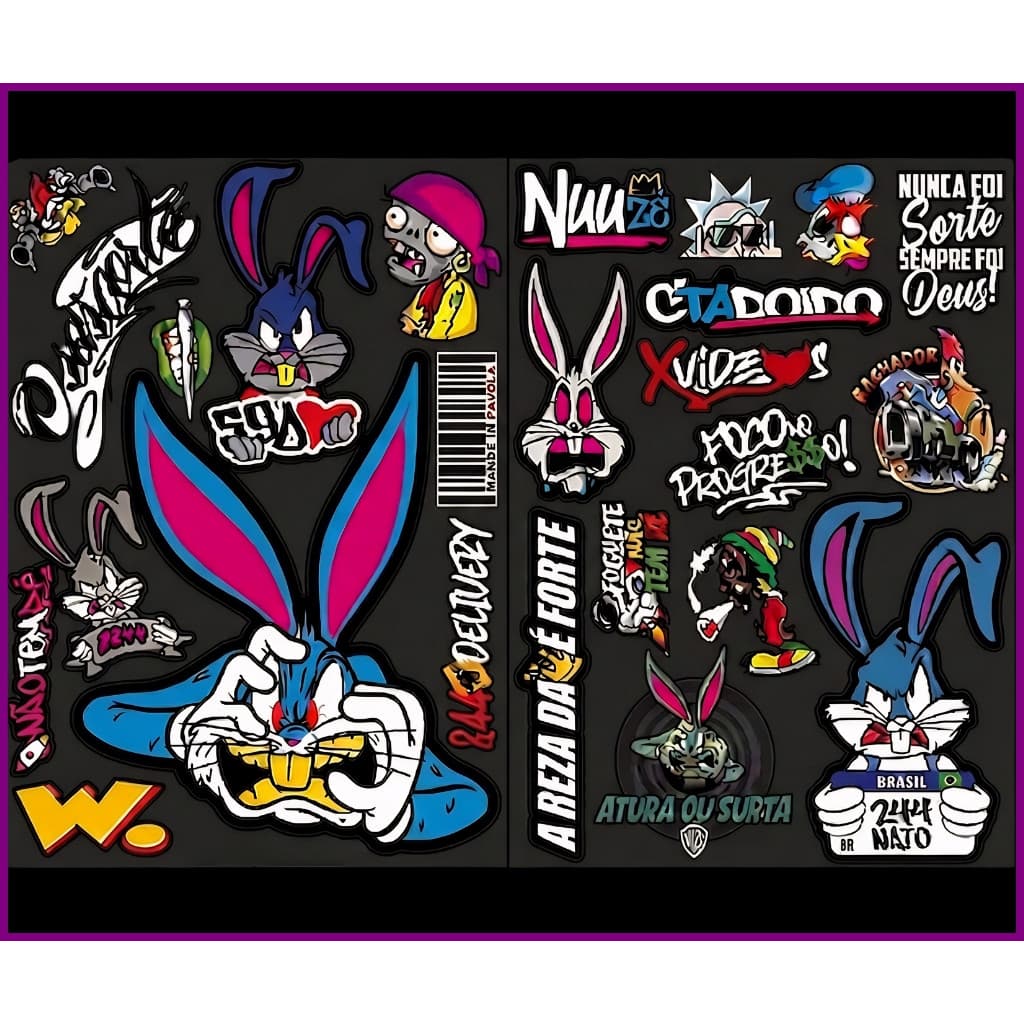 Kit 1 Cartela de Adesivos Coelho Grande 24x34cm Para Tanque de Moto Bike e Carro Contém 25 adesivos de tamanhos variados