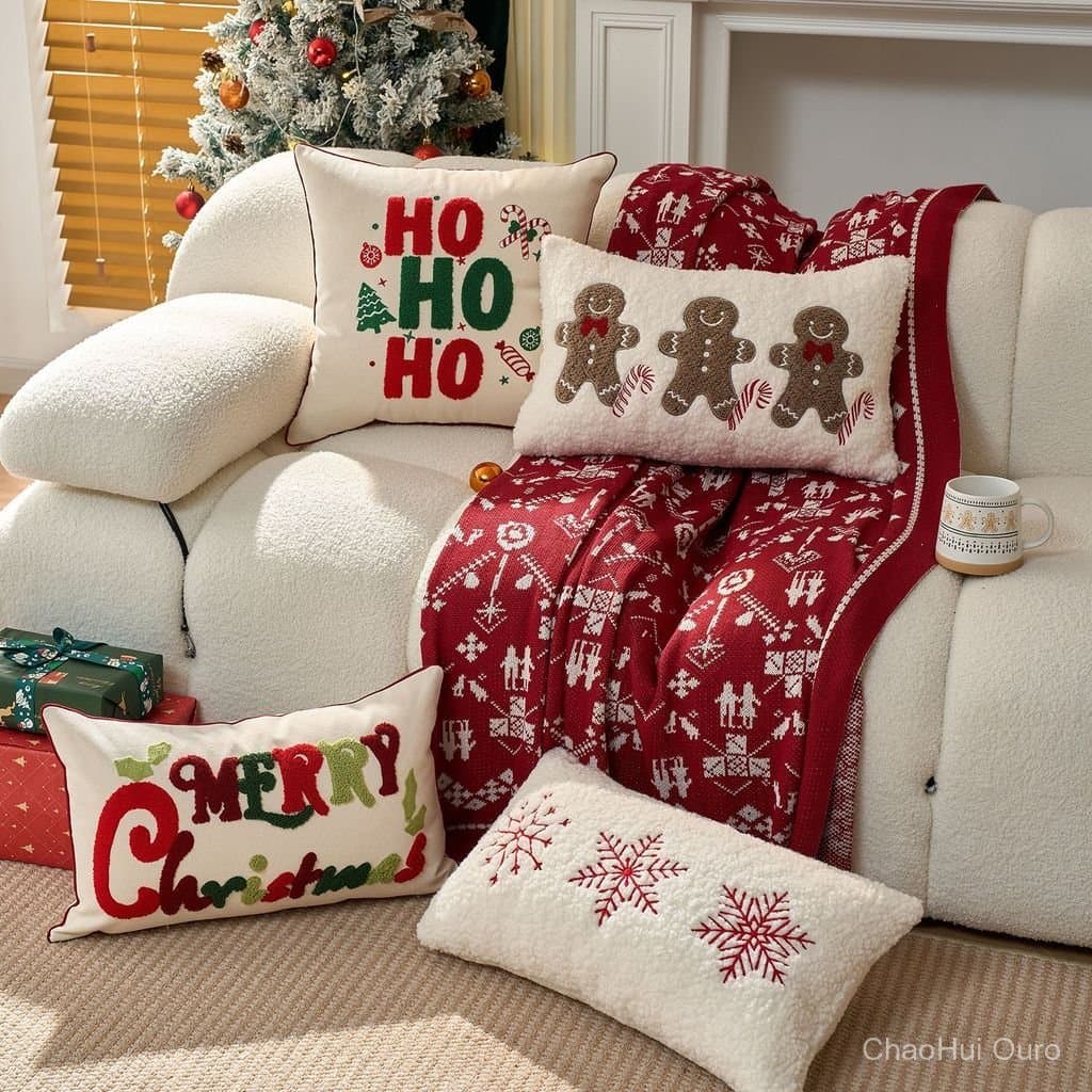 Natal, capa de almofada bordada com HOHOHO, nova capa de almofada vermelha com flocos de neve.