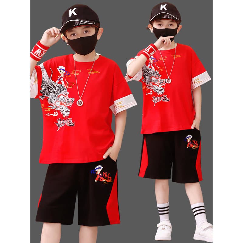 Crianças verão terno de manga curta 2026 novo estilo roupas festivas roupas infantis meninos vermelho camiseta meninos r