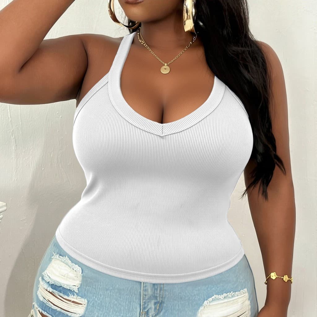 Top Modelador Plus Size Malha Decote Halter V Curto Ajustável, Alta Elasticidade Uso Diário Camadas