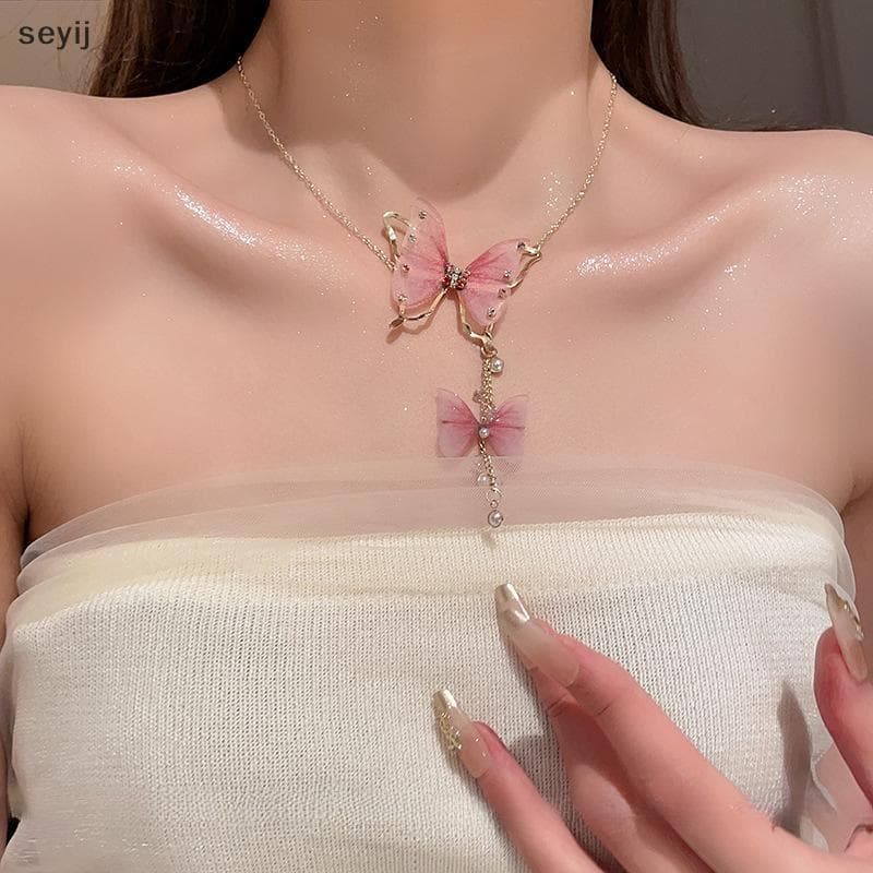 [seyij] Moda Tule Borboleta Nelace Strass Pérola Charme sel Corrente Vintage Festa Jóias Feminino Menina Presente