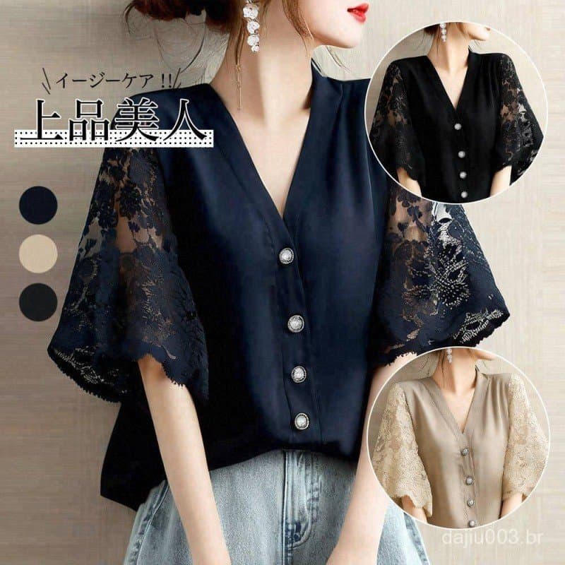 ⭐ ⭐ 2026 Nova blusa feminina casual de verão estilo japonês com decote em V, botões frontais e mangas de renda. ⭐ ⭐