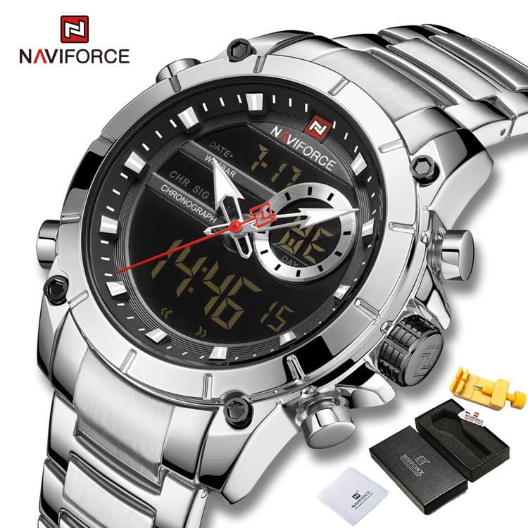 Naviforce Top Marca Men Militar Moda Relógio De Quartzo Relógio De Pulso De Aço À Prova D 'Água Dual