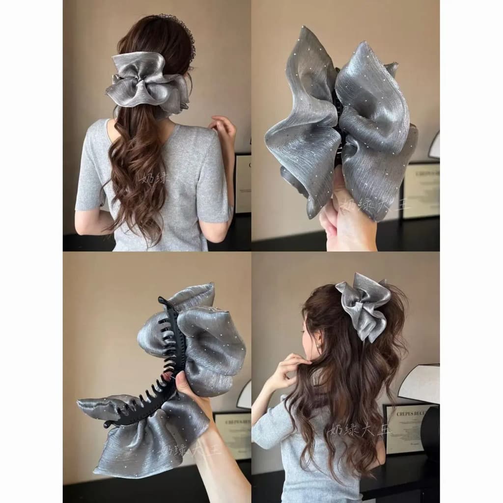 Presilha Banana Cogumelo Grande 13cm Luxo com Diamantes, Gaze Fofa, Estilo Elegante, Aumenta Volume do Cabelo