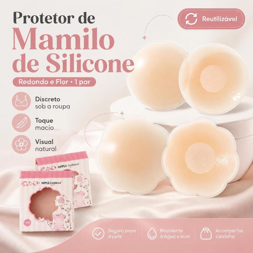 Protetor de Mamilo de Silicone Reutilizável 1 Par, Adesivo Invisível para Seios, Modelo Redondo ou Flor, Discreto Sob a