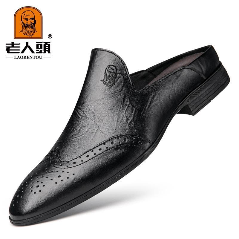 Sapatos masculinos de couro meio deslizamento genuínos, bico fino, sem salto, sapatos casuais, capa de couro para pés, t