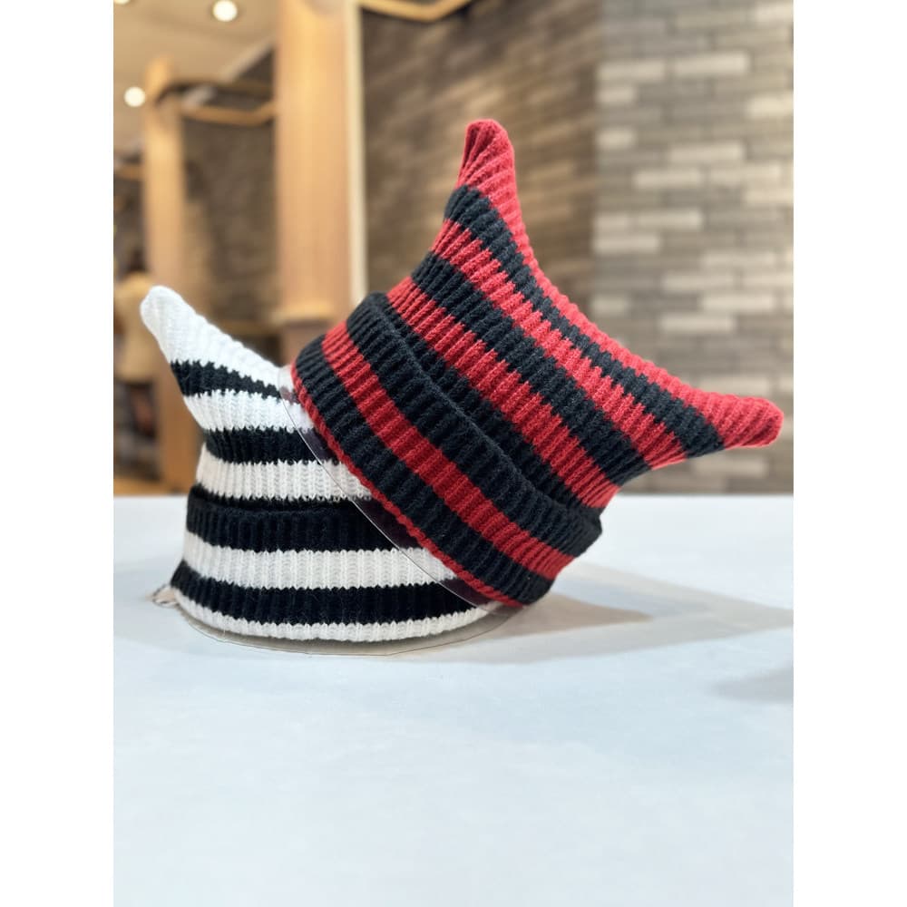 Japonês listrado orelhas de gato chapéu de malha feminino outono inverno moda elegante grande circunferência da cabeça B