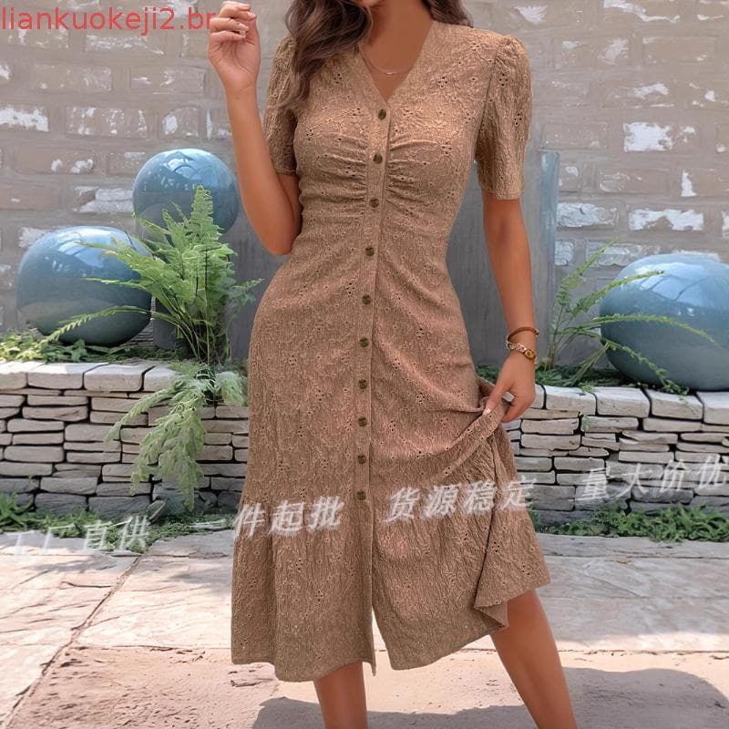 [gzhxdiizi1] Vestido Feminino De Manga Curta Com Decote Em V , Verão , Casual , Botão , Floral , Bolsos , Verde Claro XL