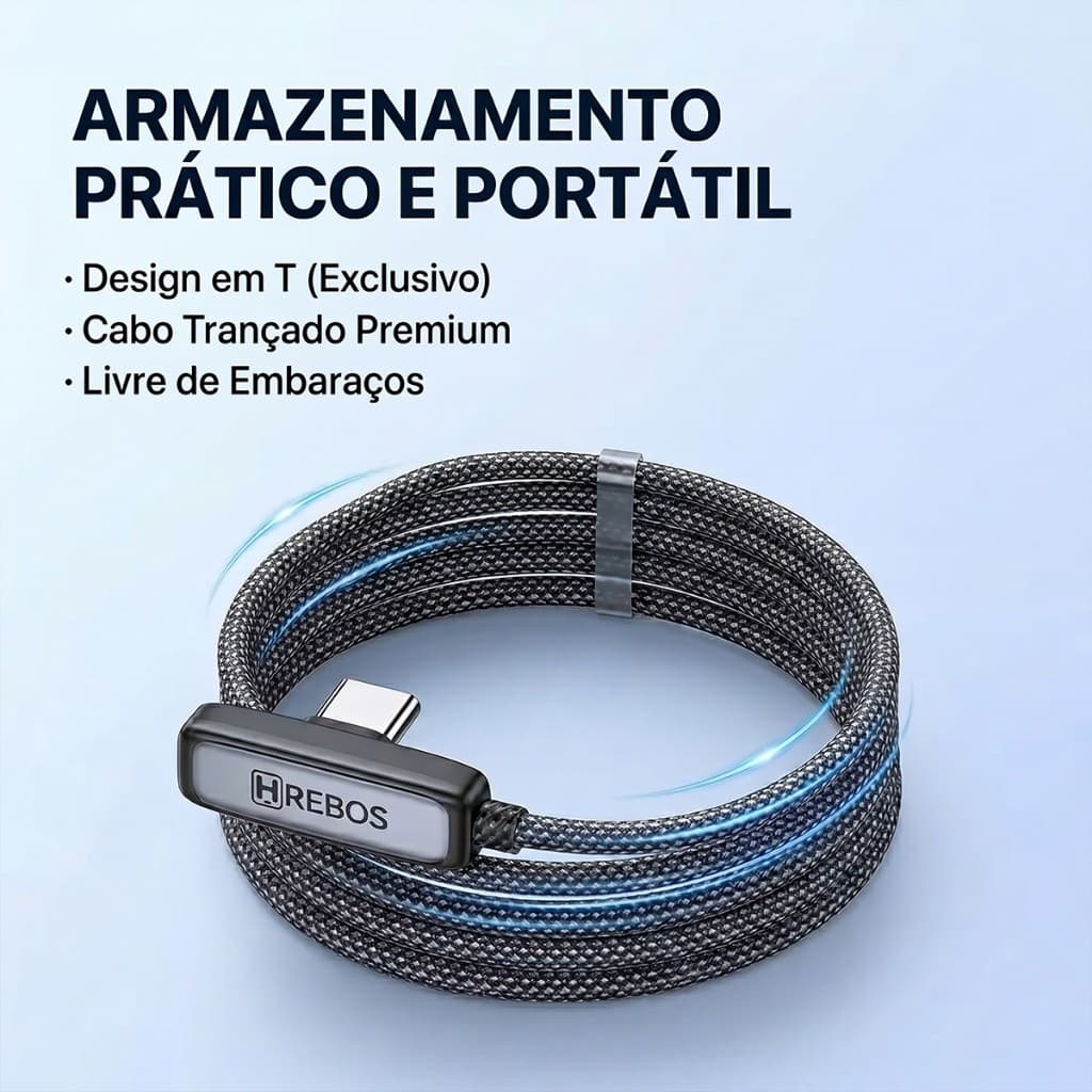 Cabo trançado 1m 100W encaixe discreto não bloqueia movimentos durante gameplay