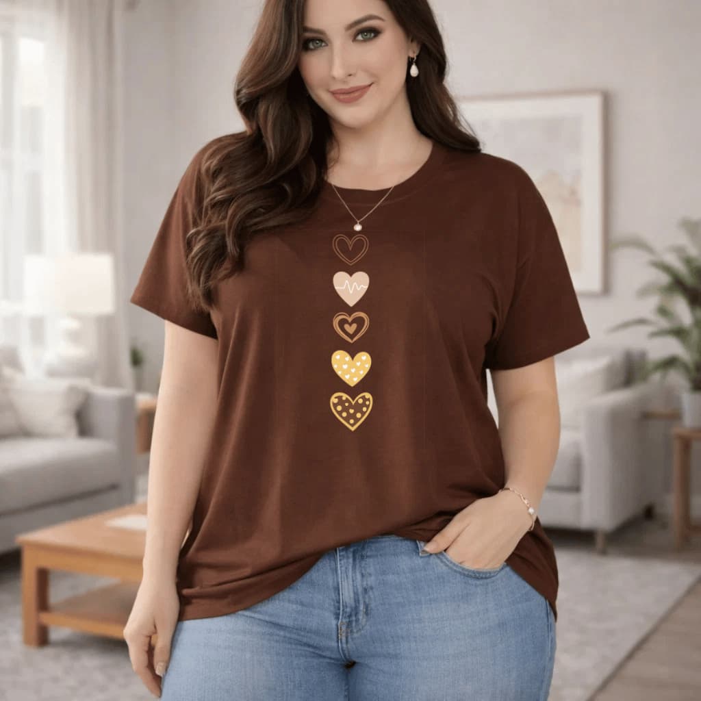 Blusa Five Coração, Plus Size, Moda Feminina, Camiseta de Algodão Confortável, 100% Algodão