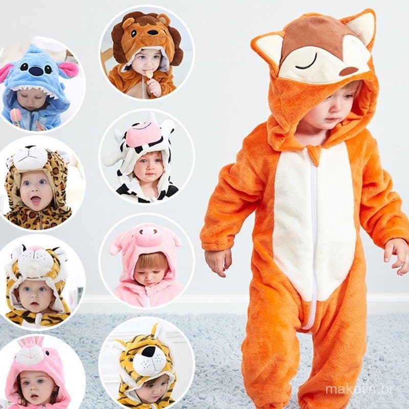 Conjunto Infantil Unissex: Macacão com Capuz e Estampa de Raposa e Animais 96N9