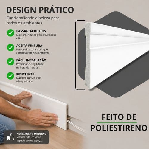 Kit 5 Unidades Rodapé Poliestireno Branco Friso 15cm x 1m | Durável Elegante Melhor Acabamento