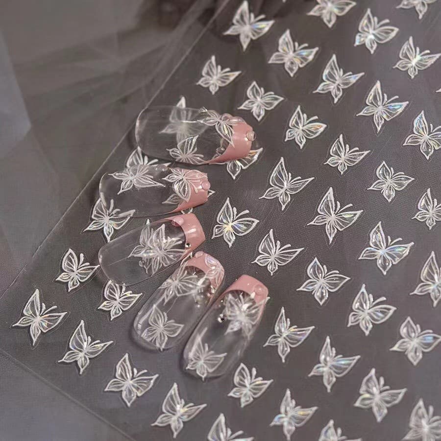 Super fada renda clara borboleta branca Manicure adesivo novo estilo influenciador borboleta líquida em relevo adesivo d