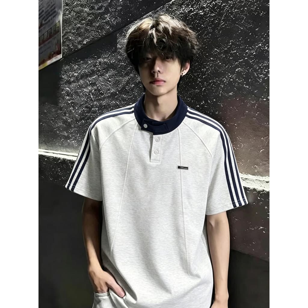 Camisa POLO retrô americana de três barras de manga curta masculina verão estilo Preppy Henry colarinho camiseta solta r
