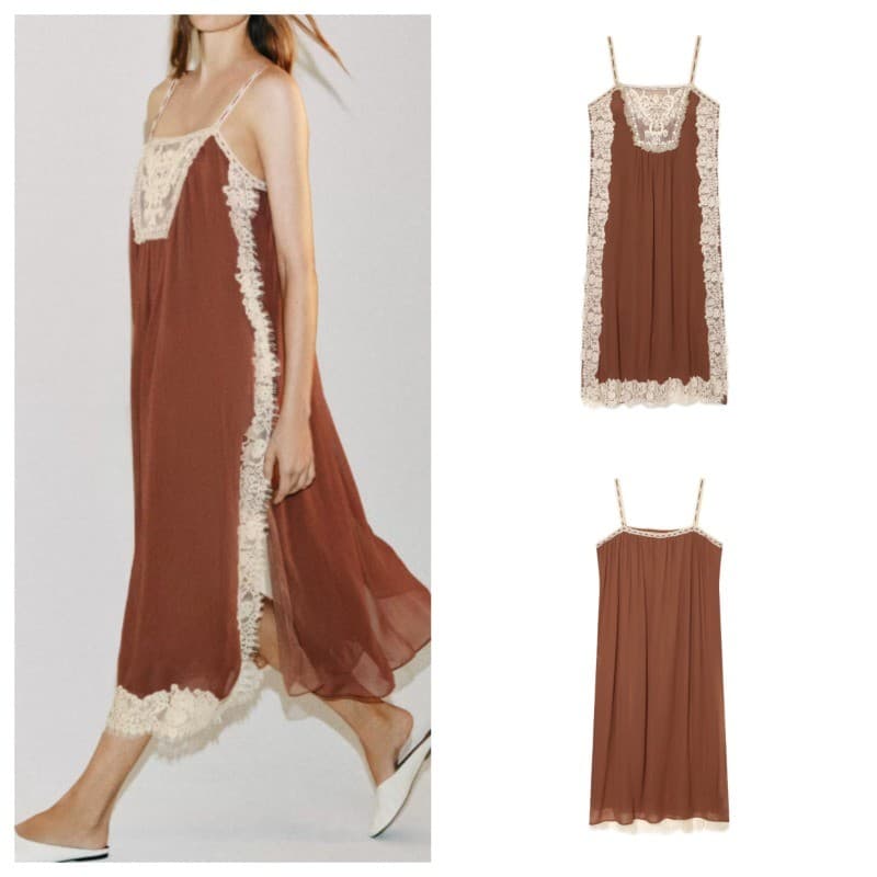 Vestido tipo estilingue com decote quadrado e cor contrastante com acabamento em renda e bainha reta 5107088