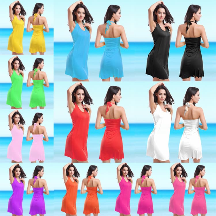 Vestido de praia sensual com decote halter para mulheres, em estoque, vestido para férias à beira-mar, saída de praia es