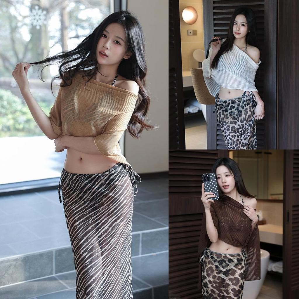Conjunto de biquíni de quatro peças estilo tailandês com design de ombros à mostra, roupa de banho para mulheres em reso