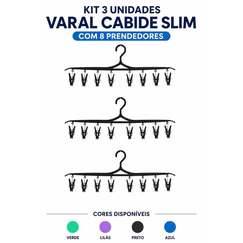 Varal Cabide Slim Kit 3 AmpePlast com 8 Prendedores para Roupas Íntimas Meias e Roupas de Bebê