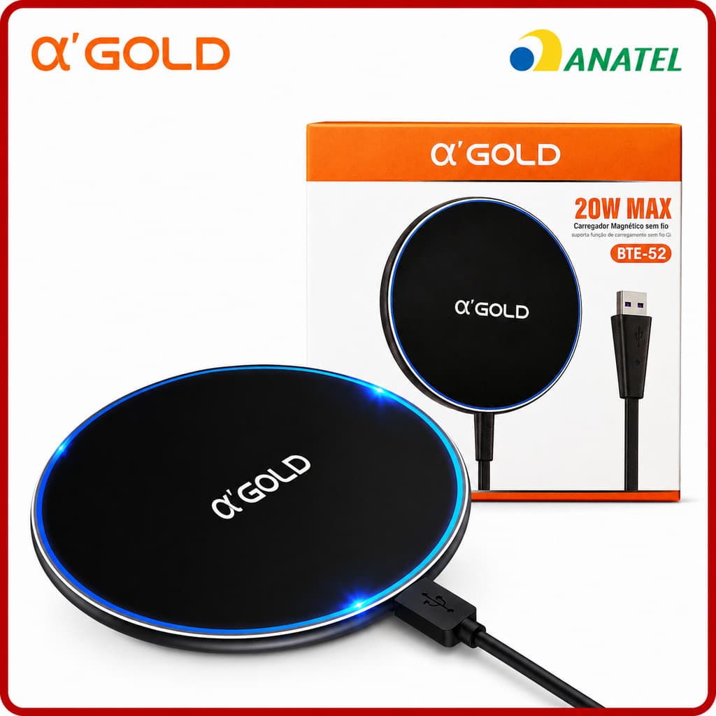 Carregador por Indução Premium A'Gold 20W Qi Wireless Sem Fio BTE-52