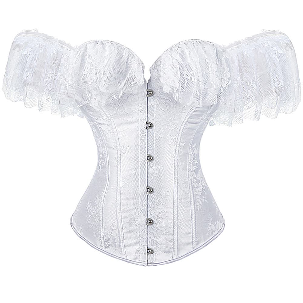 Top Corset Floral Feminino WA5R com Renda Jacquard e Mangas Off-the-Shoulder Vintage