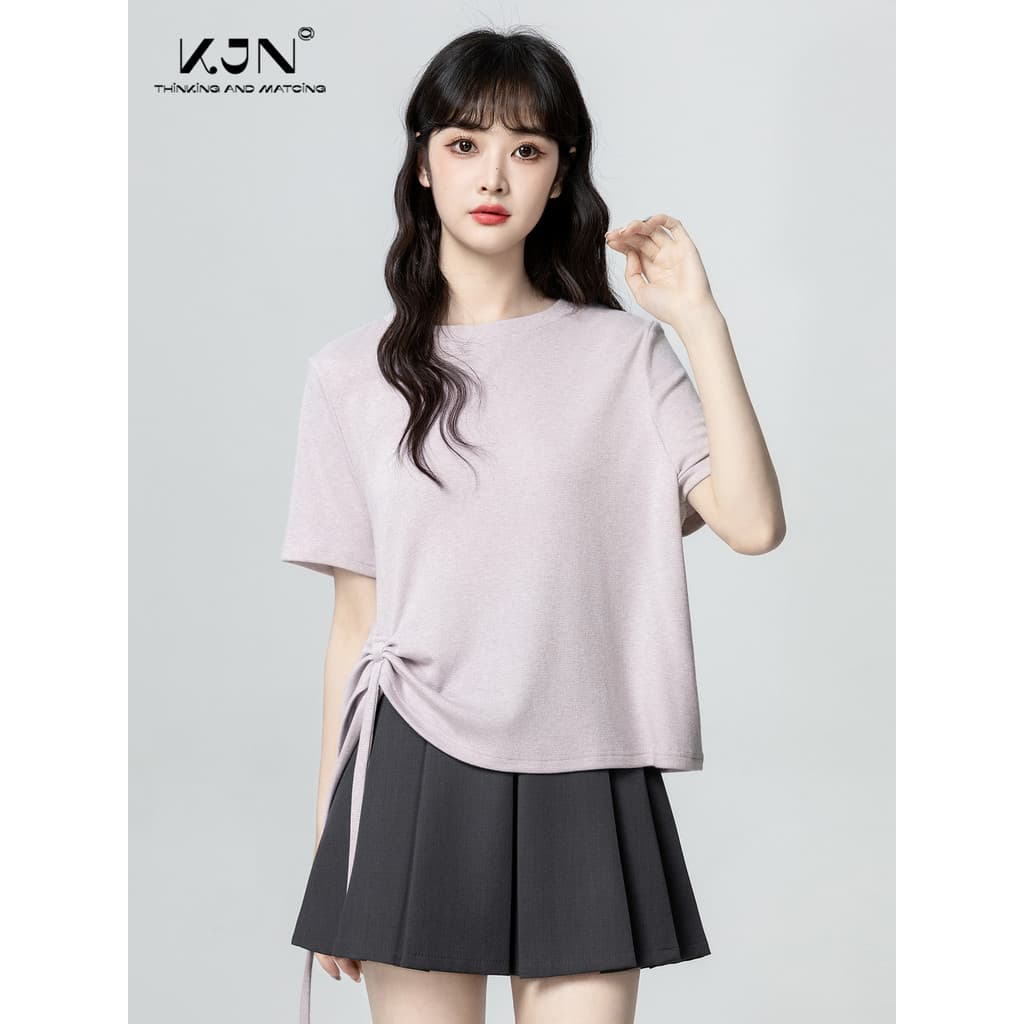 Roxo Irregular camiseta de manga curta feminina 2026 verão novo estilo nicho solto em torno do pescoço Formal ombro meia