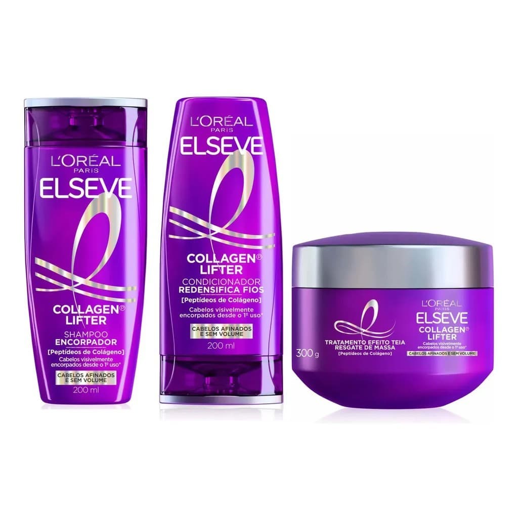 Kit Elseve Colágeno Lifter L'Oréal Paris Shampoo+Condicionador+Máscara Resgate de Massa Efeito Teia