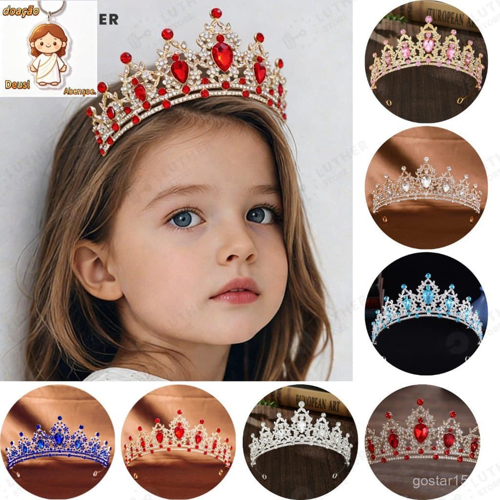 Coroa Infantil de Princesa - Conjunto com Pedras Brilhantes, Diversas Cores (4 Variações)