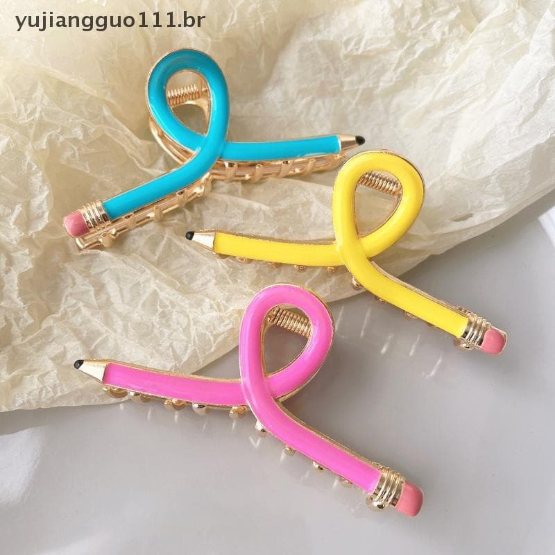 # Novo 9CM Simulação Lápis Colorido Garra De Cabelo Para Mulheres Meninas Criativo Engraçado Papelaria Série Liga Tubarã