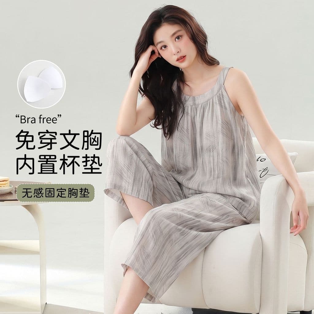 Pijama feminino de algodão com almofada no peito, conjunto de roupas para casa, tamanho grande, confortável, gola redond